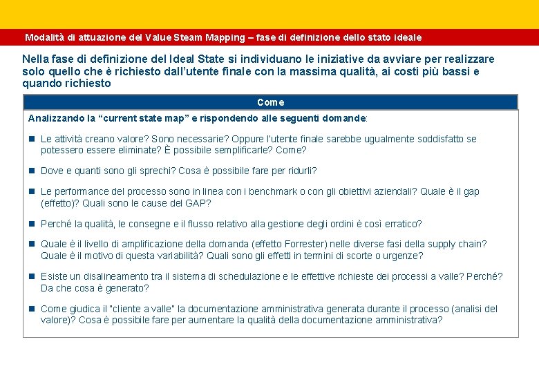 Modalità di attuazione del Value Steam Mapping – fase di definizione dello stato ideale Modalità di attuazione del Value Steam Mapping – fase di definizione dello stato ideale