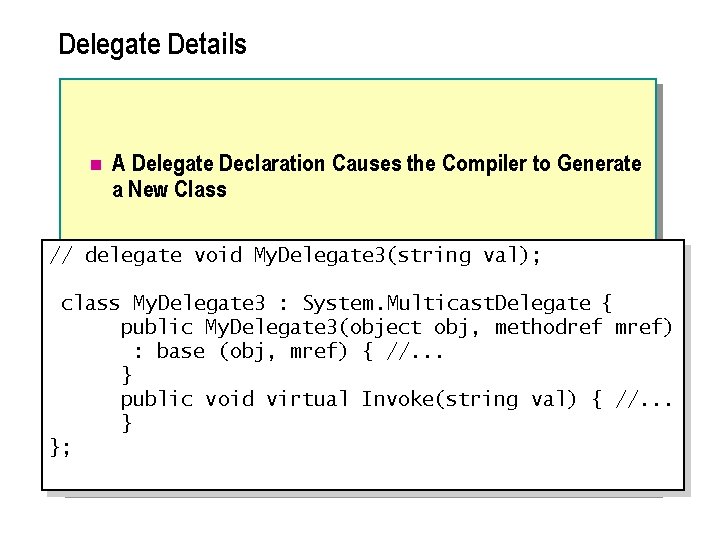 Delegate Details n A Delegate Declaration Causes the Compiler to Generate a New Class