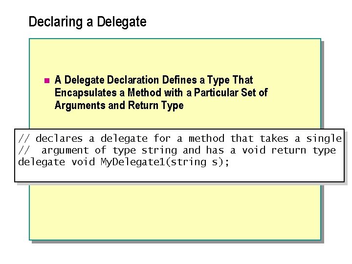 Declaring a Delegate n A Delegate Declaration Defines a Type That Encapsulates a Method