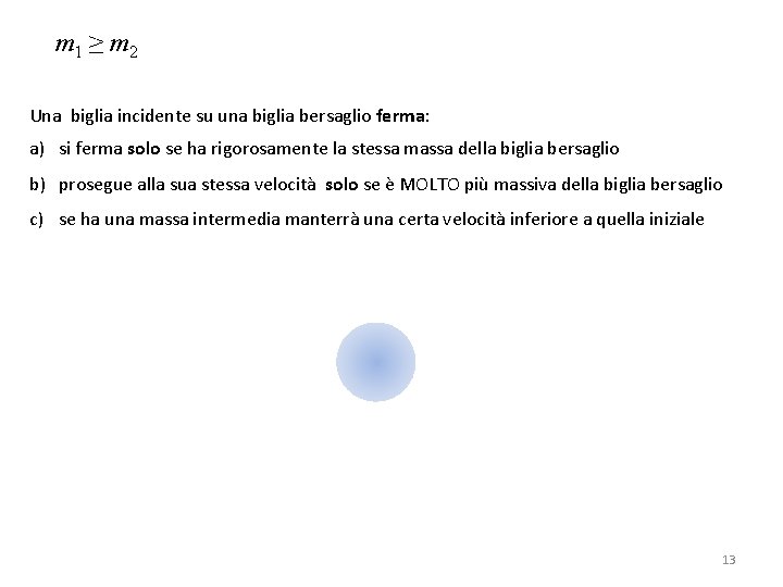 m 1 ≥ m 2 Una biglia incidente su una biglia bersaglio ferma: a)