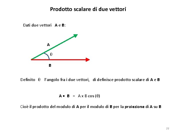 Prodotto scalare di due vettori Dati due vettori A e B: A θ B