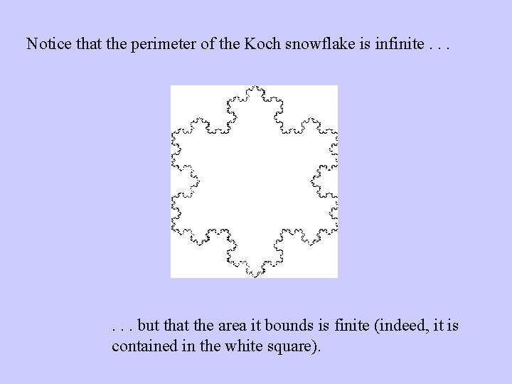 Notice that the perimeter of the Koch snowflake is infinite. . . but that