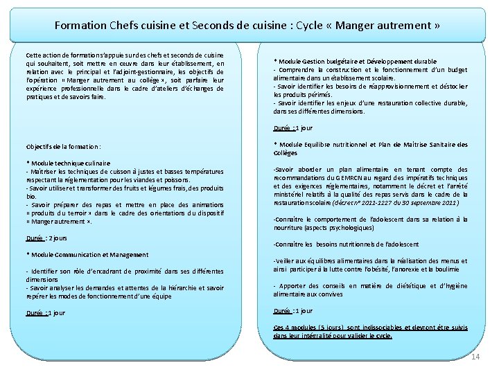 Formation Chefs cuisine et Seconds de cuisine : Cycle « Manger autrement » Cette