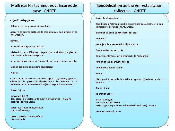 Maîtriser les techniques culinaires de base CNFPT Objectifs pédagogiques : Définir les techniques culinaires