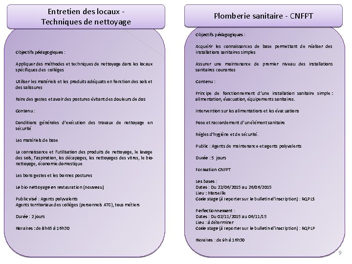 Entretien des locaux - Techniques de nettoyage Plomberie sanitaire - CNFPT Objectifs pédagogiques :
