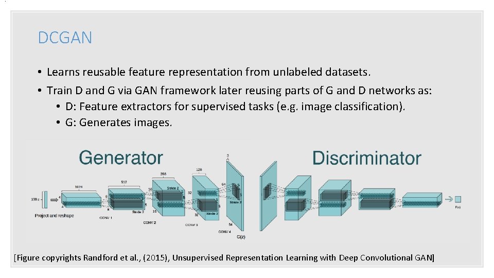 . DCGAN • Learns reusable feature representation from unlabeled datasets. • Train D and