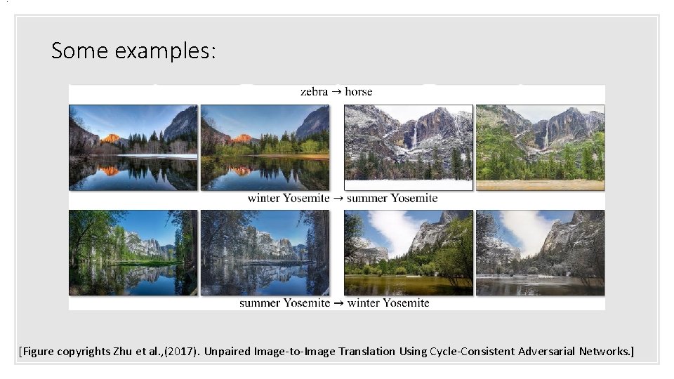 . Some examples: [Figure copyrights Zhu et al. , (2017). Unpaired Image-to-Image Translation Using