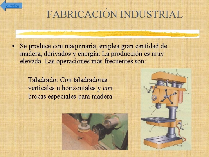Al índice FABRICACIÓN INDUSTRIAL • Se produce con maquinaria, emplea gran cantidad de madera,
