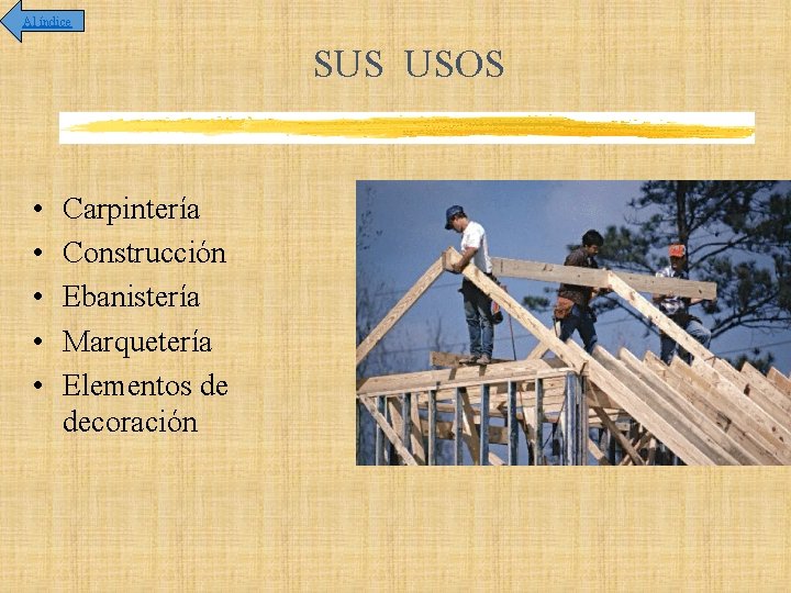 Al índice SUS USOS • • • Carpintería Construcción Ebanistería Marquetería Elementos de decoración
