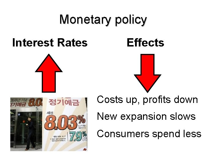 Monetary policy Interest Rates Effects Costs up, profits down New expansion slows Consumers spend