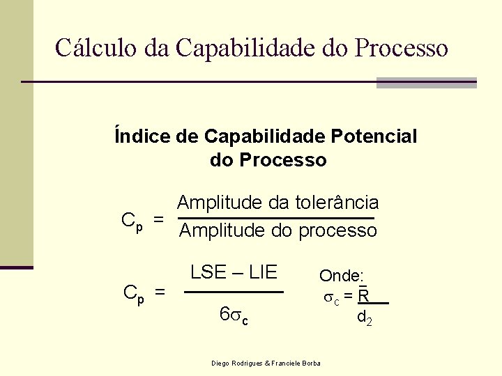 Cálculo da Capabilidade do Processo Índice de Capabilidade Potencial do Processo Amplitude da tolerância Cálculo da Capabilidade do Processo Índice de Capabilidade Potencial do Processo Amplitude da tolerância