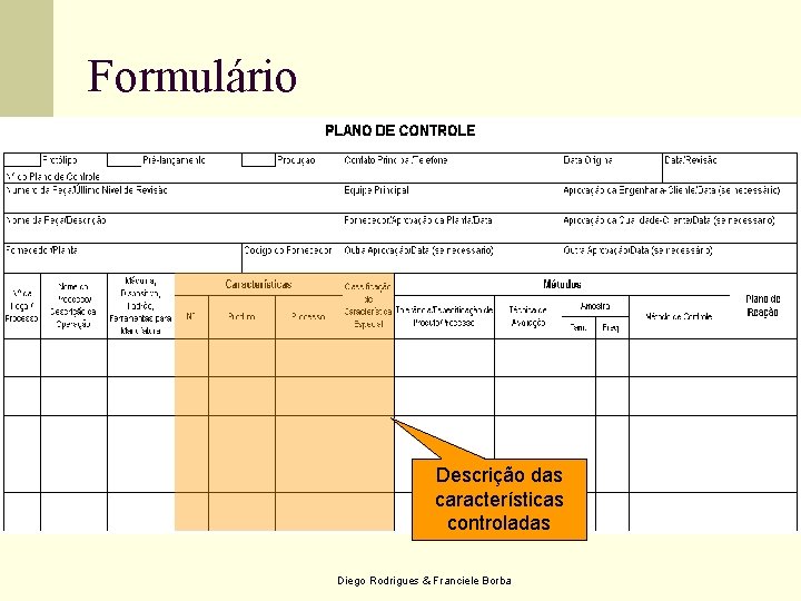 Formulário Descrição das características controladas Diego Rodrigues & Franciele Borba 