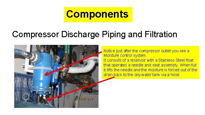 Components Compressor Discharge Piping and Filtration Notice just after the compressor outlet you see