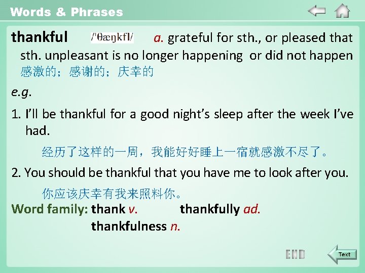 Words & Phrases thankful a. grateful for sth. , or pleased that sth. unpleasant