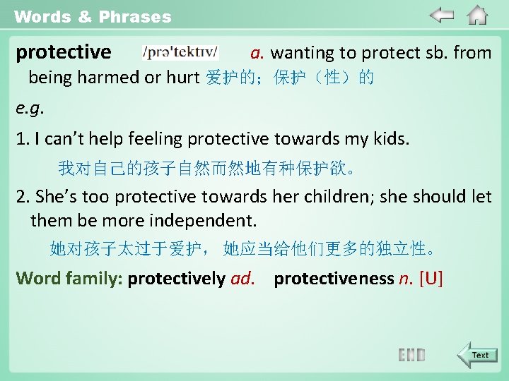 Words & Phrases protective a. wanting to protect sb. from being harmed or hurt