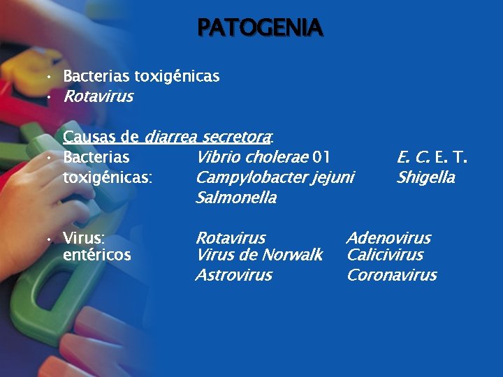 PATOGENIA • Bacterias toxigénicas • Rotavirus Causas de diarrea secretora: • Bacterias Vibrio cholerae