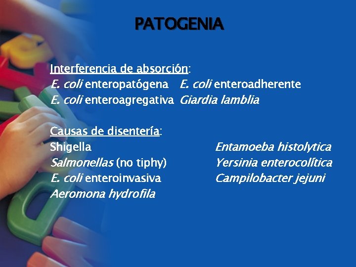 PATOGENIA Interferencia de absorción: E. coli enteropatógena E. coli enteroadherente E. coli enteroagregativa Giardia