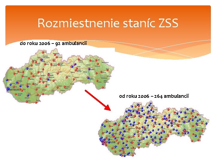 Rozmiestnenie staníc ZSS do roku 2006 – 92 ambulancií od roku 2006 – 264