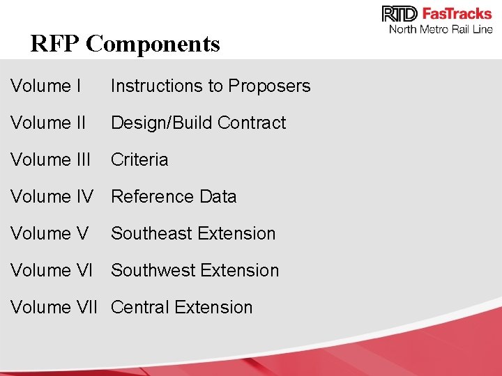 RFP Components Volume I Instructions to Proposers Volume II Design/Build Contract Volume III Criteria
