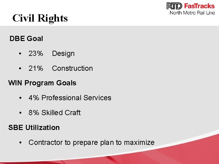 Civil Rights DBE Goal • 23% Design • 21% Construction WIN Program Goals •
