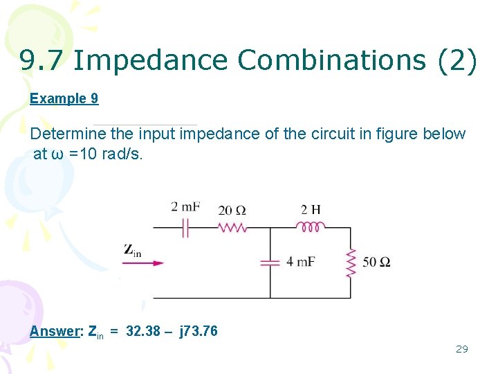 9. 7 Impedance Combinations (2) Example 9 Determine the input impedance of the circuit