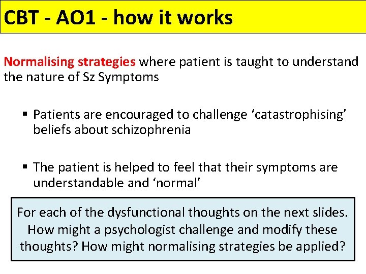 CBT - AO 1 - how it works Normalising strategies where patient is taught