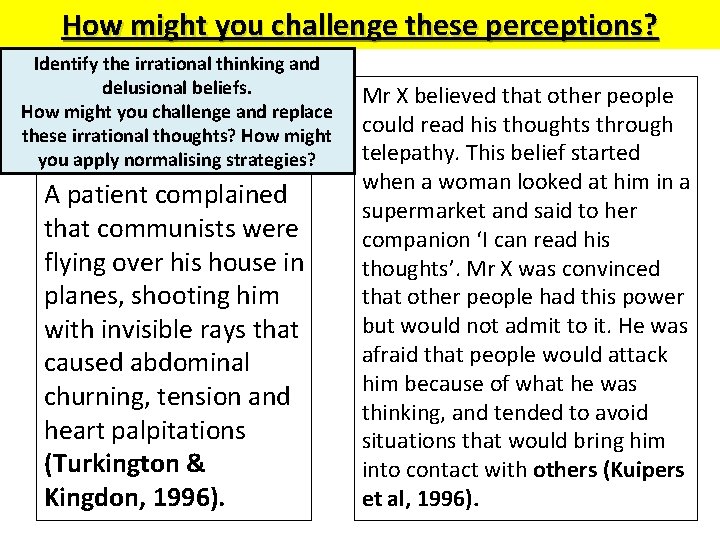 How might you challenge these perceptions? Identify the irrational thinking and delusional beliefs. How