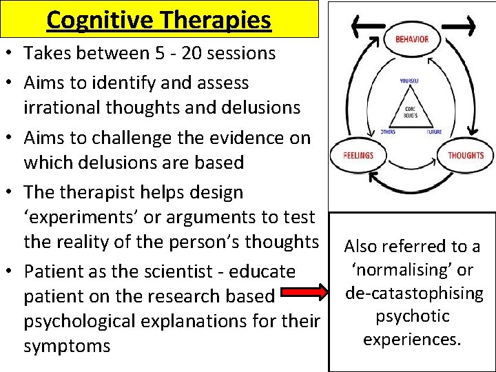 Cognitive Therapies • Takes between 5 - 20 sessions • Aims to identify and