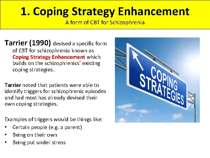 1. Coping Strategy Enhancement A form of CBT for Schizophrenia Tarrier (1990) devised a