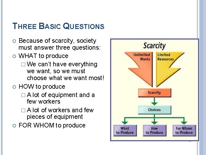 THREE BASIC QUESTIONS Because of scarcity, society must answer three questions: WHAT to produce