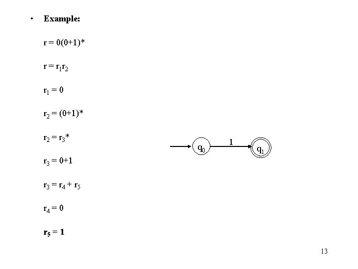  • Example: r = 0(0+1)* r = r 1 r 2 r 1