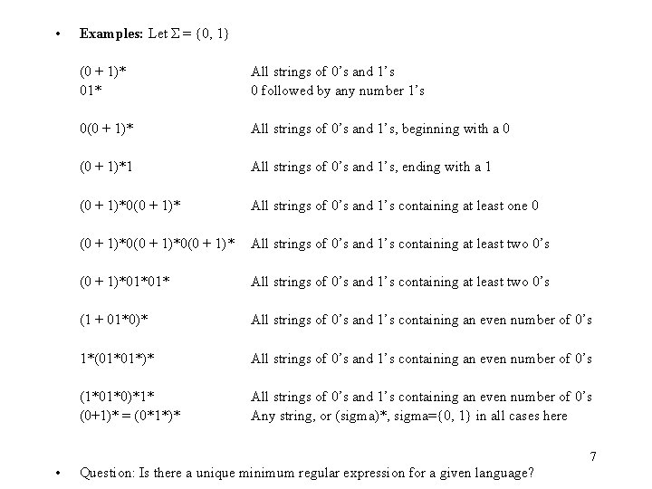  • Examples: Let Σ = {0, 1} (0 + 1)* 01* All strings