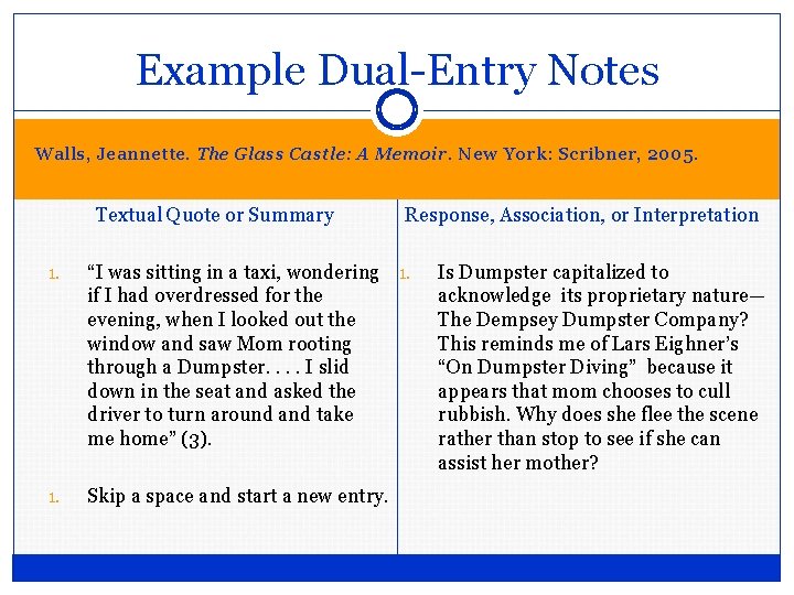 Example Dual-Entry Notes Walls, Jeannette. The Glass Castle: A Memoir. New York: Scribner, 2005. Example Dual-Entry Notes Walls, Jeannette. The Glass Castle: A Memoir. New York: Scribner, 2005.