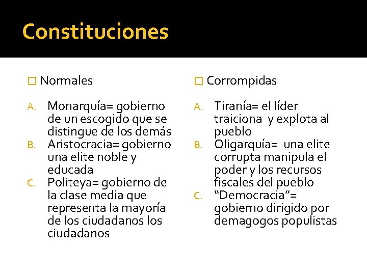 Constituciones � Normales � Corrompidas Monarquía= gobierno de un escogido que se distingue de