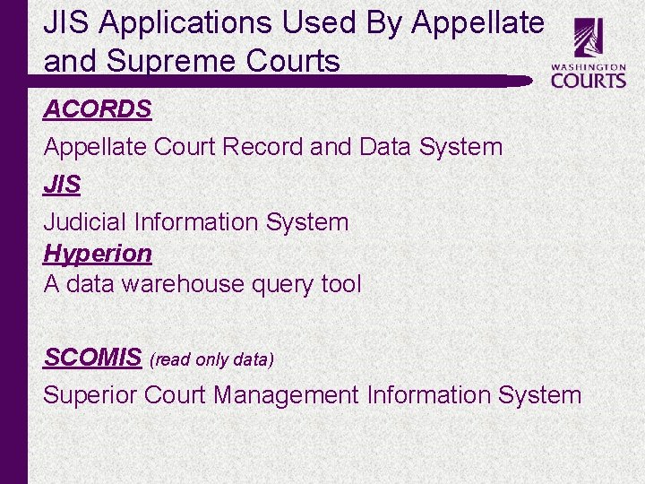 JIS Applications Used By Appellate and Supreme Courts ACORDS Appellate Court Record and Data JIS Applications Used By Appellate and Supreme Courts ACORDS Appellate Court Record and Data