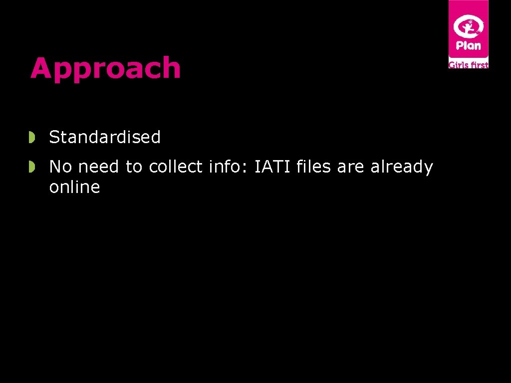 Approach Use IATI files: Standardised No need to collect info: IATI files are already Approach Use IATI files: Standardised No need to collect info: IATI files are already