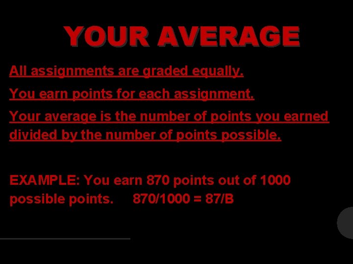 YOUR AVERAGE All assignments are graded equally. You earn points for each assignment. Your