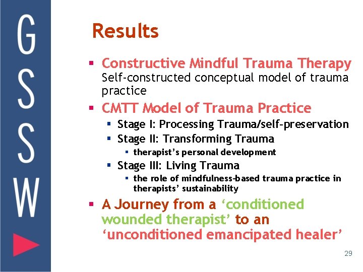 Results § Constructive Mindful Trauma Therapy Self-constructed conceptual model of trauma practice § CMTT