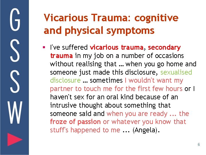 Vicarious Trauma: cognitive and physical symptoms § I've suffered vicarious trauma, secondary trauma in