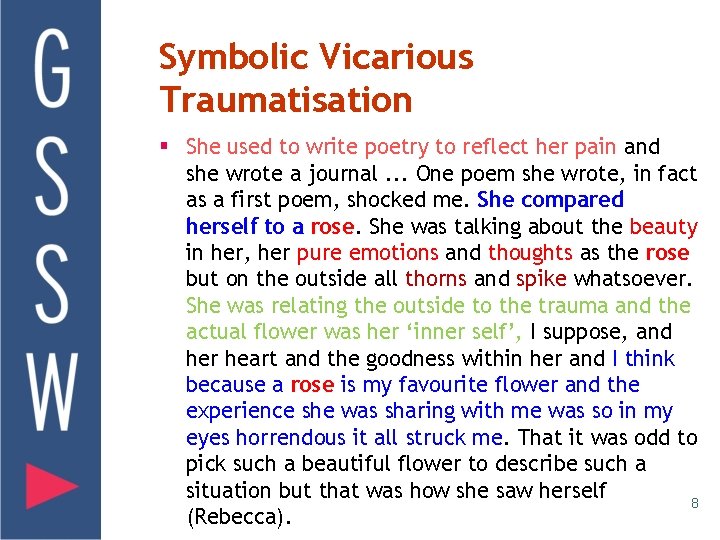 Symbolic Vicarious Traumatisation § She used to write poetry to reflect her pain and