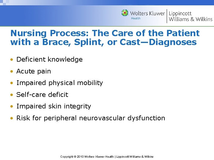 Nursing Process: The Care of the Patient with a Brace, Splint, or Cast—Diagnoses •