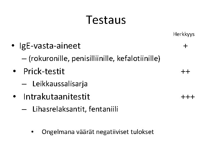 Testaus Herkkyys • Ig. E-vasta-aineet + – (rokuronille, penisilliinille, kefalotiinille) • Prick-testit ++ – Testaus Herkkyys • Ig. E-vasta-aineet + – (rokuronille, penisilliinille, kefalotiinille) • Prick-testit ++ –