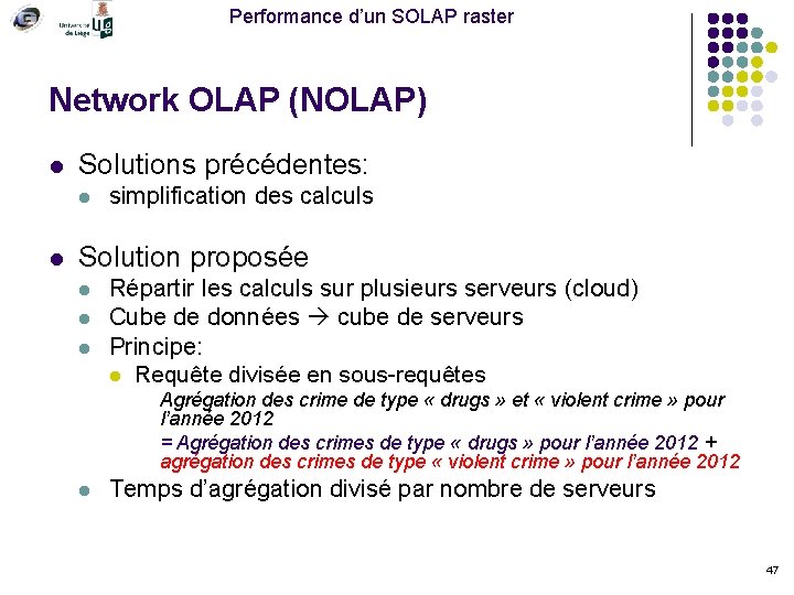 Performance d’un SOLAP raster Network OLAP (NOLAP) l Solutions précédentes: l l simplification des