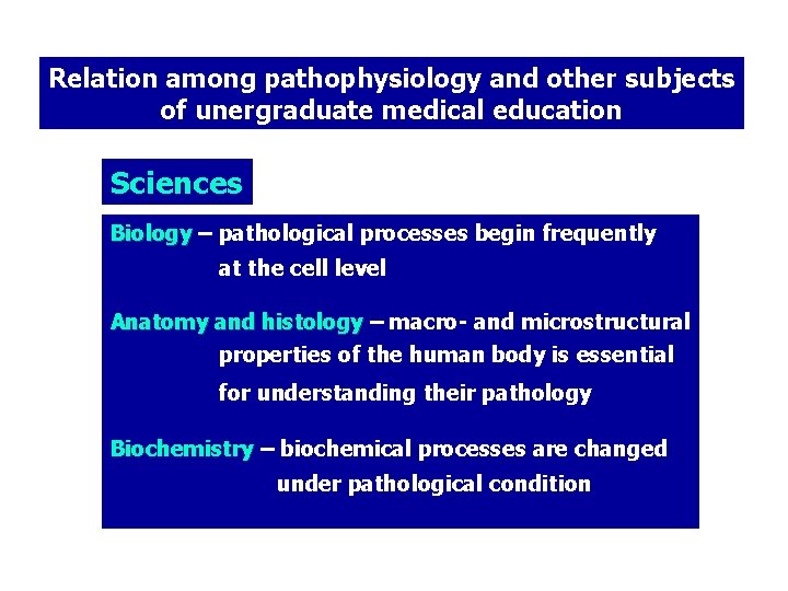Relation among pathophysiology and other subjects of unergraduate medical education Sciences Biology – pathological