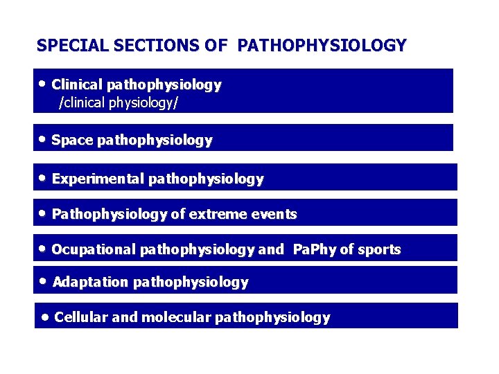 SPECIAL SECTIONS OF PATHOPHYSIOLOGY • Clinical pathophysiology /clinical physiology/ • Space pathophysiology • Experimental