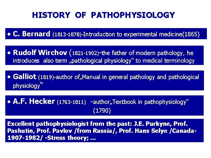 HISTORY OF PATHOPHYSIOLOGY • C. Bernard (1813 -1878)-Introduction to experimental medicine(1865) • Rudolf Wirchov