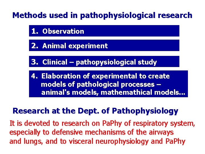 Methods used in pathophysiological research 1. Observation 2. Animal experiment 3. Clinical – pathopysiological