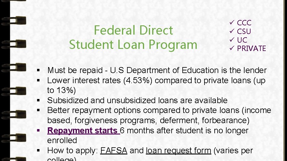 Federal Direct Student Loan Program ü ü CCC CSU UC PRIVATE § Must be