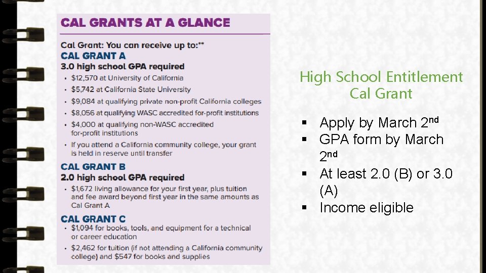 High School Entitlement Cal Grant § Apply by March 2 nd § GPA form