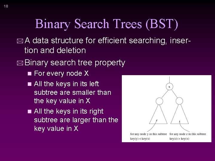 18 Binary Search Trees (BST) * A data structure for efficient searching, inser- tion
